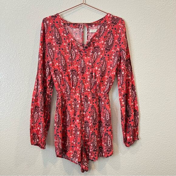 Abercrombie & Fitch Pants - Abercrombie & Fitch paisley print long sleeve lace up romper red pink